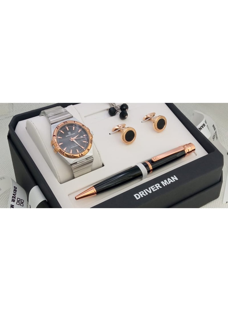 طقم رجالي من الستانلس ستيل مكون من ساعة وسبحة وقلم وازرار اكمام القمصان